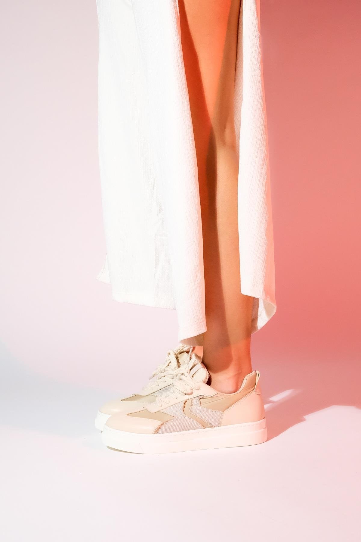 Sande - Beige Denim Detailed Sport Sneakers – pair view showing leather, Vowalisse