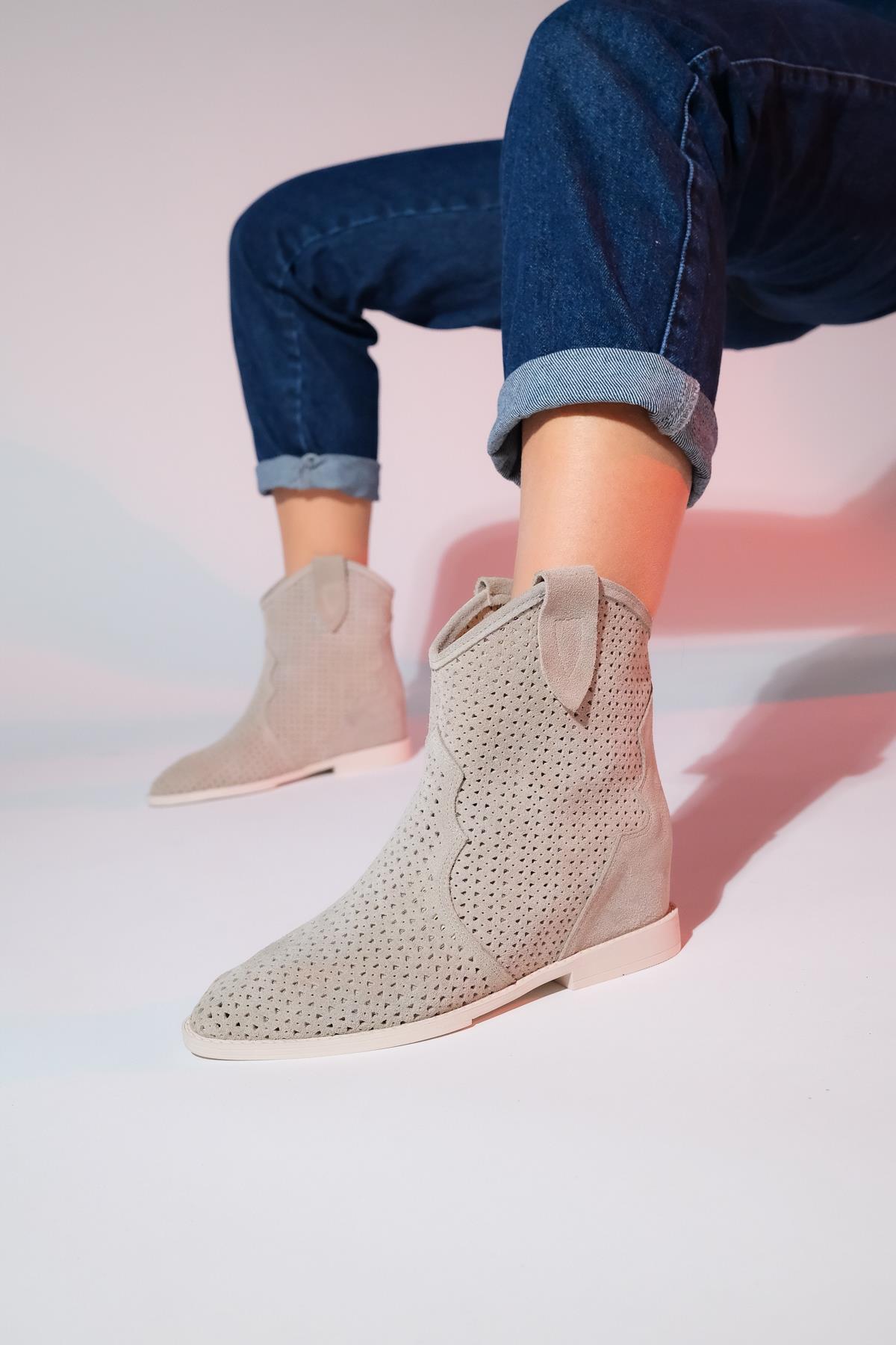 Loivos - Beige Genuine Leather Perforated Hidden Heel Summer Boot – front three-quarter view showing leather, Vowalisse