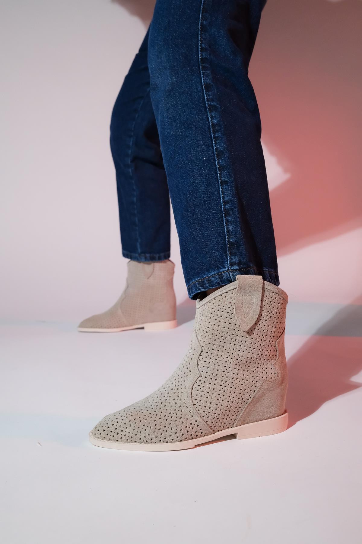 Loivos - Beige Genuine Leather Perforated Hidden Heel Summer Boot – side view showing leather, Vowalisse