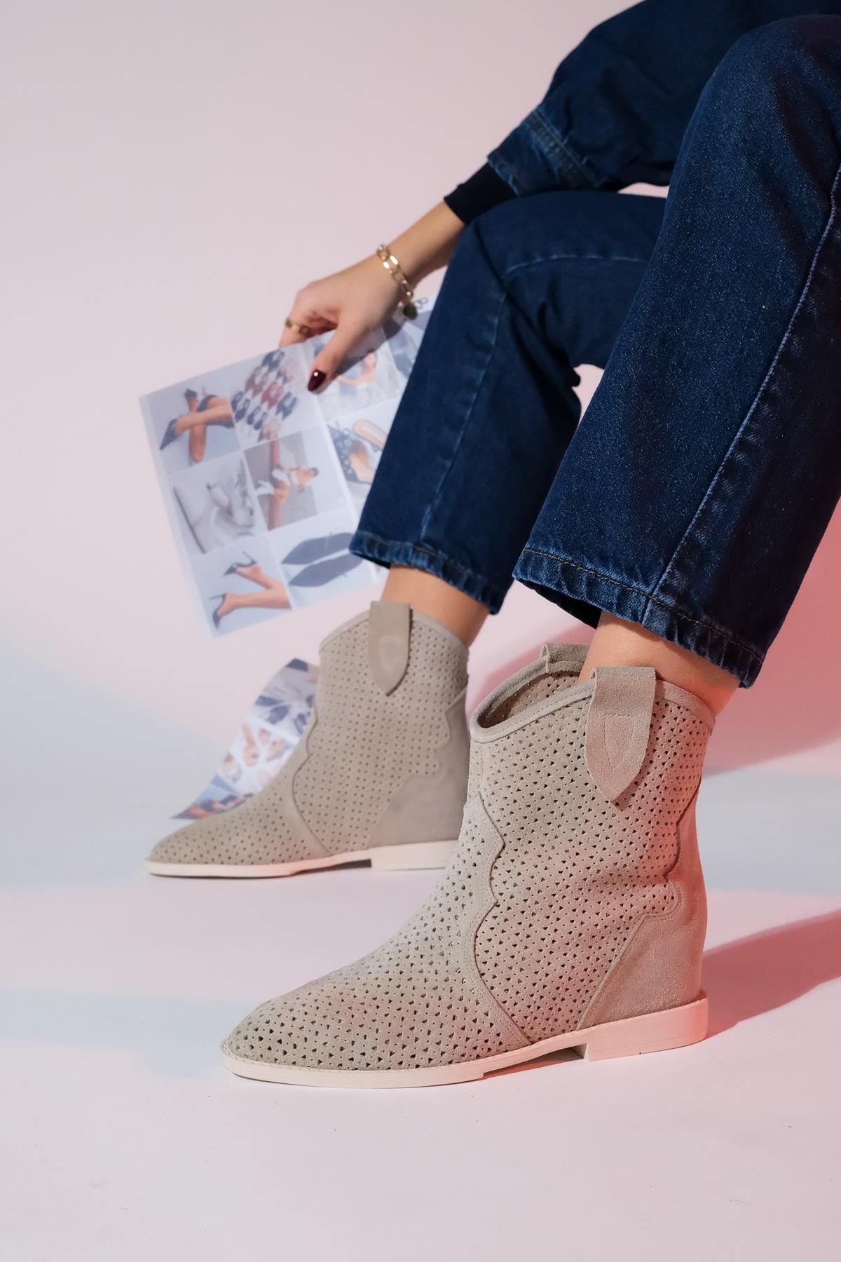 Loivos - Beige Genuine Leather Perforated Hidden Heel Summer Boot – detail view showing leather, Vowalisse