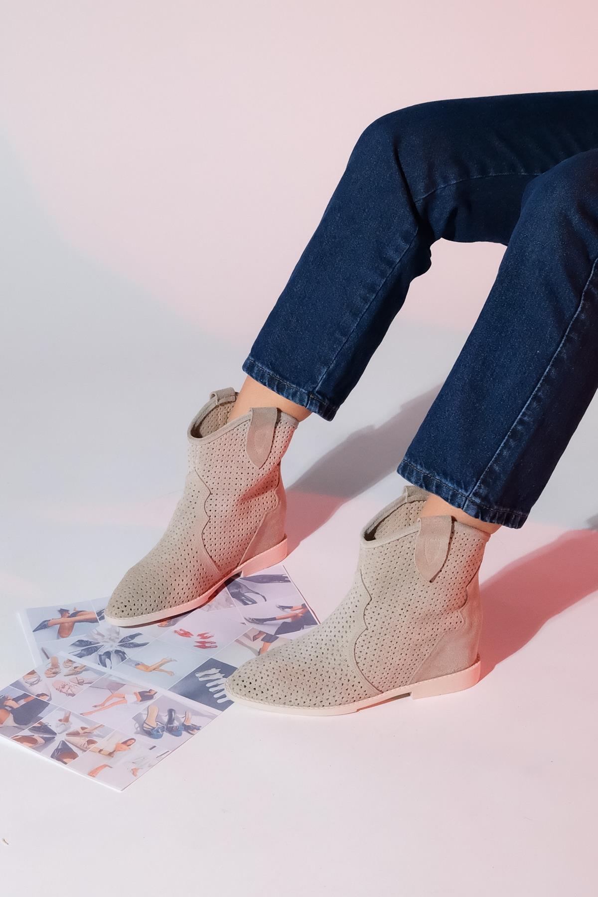 Loivos - Beige Genuine Leather Perforated Hidden Heel Summer Boot – heel view showing leather, Vowalisse