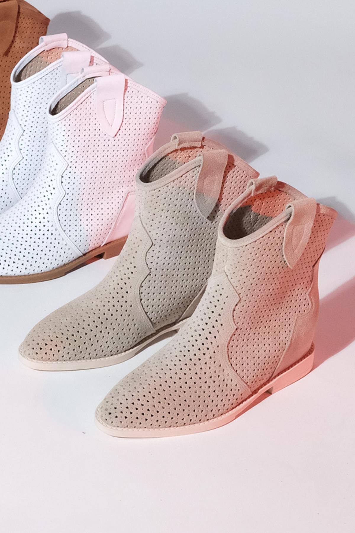 Loivos - Beige Genuine Leather Perforated Hidden Heel Summer Boot – back view showing leather, Vowalisse