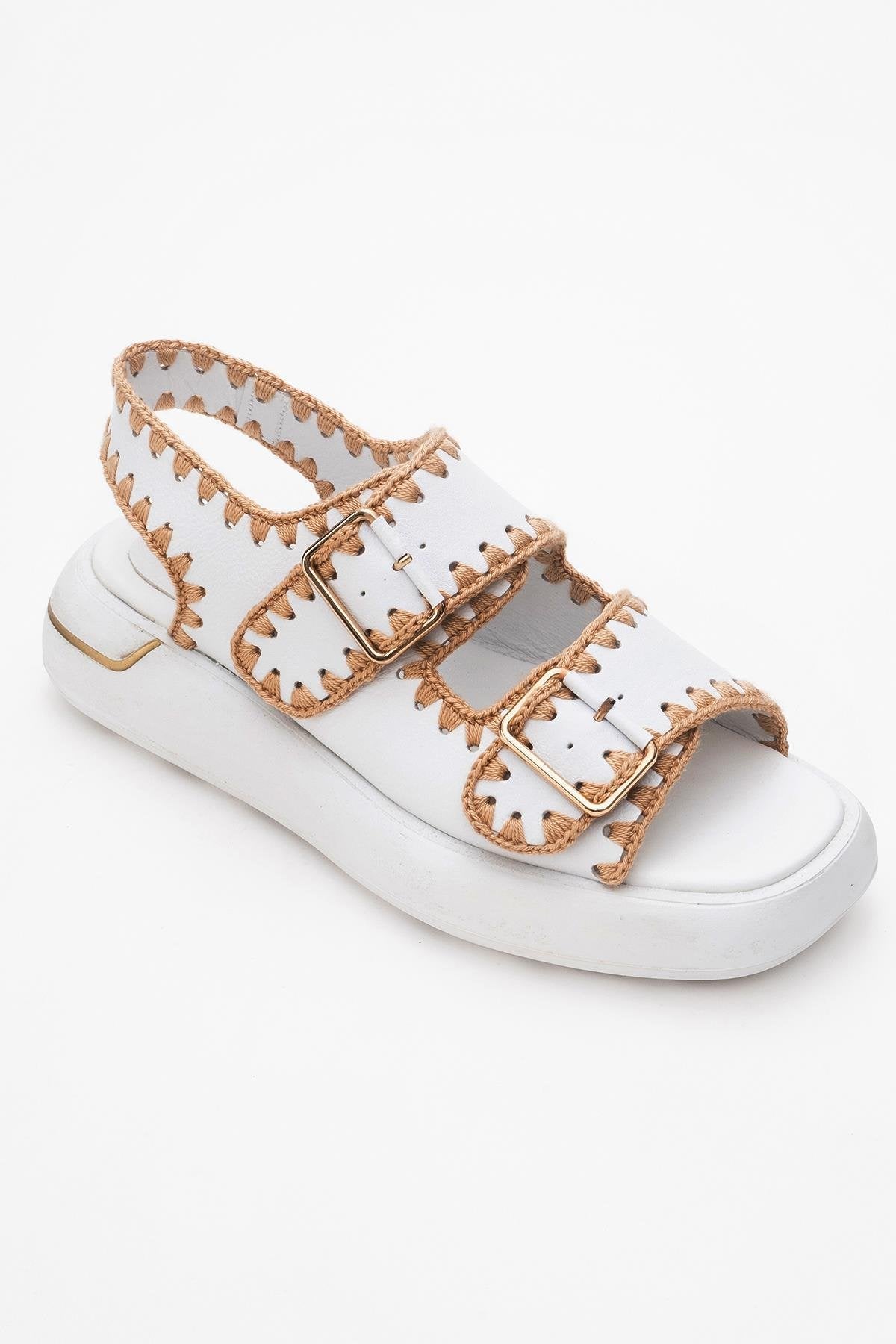 Douro - White Braided Rope Strap Leather Sandal – detail view showing leather, white, Vowalisse