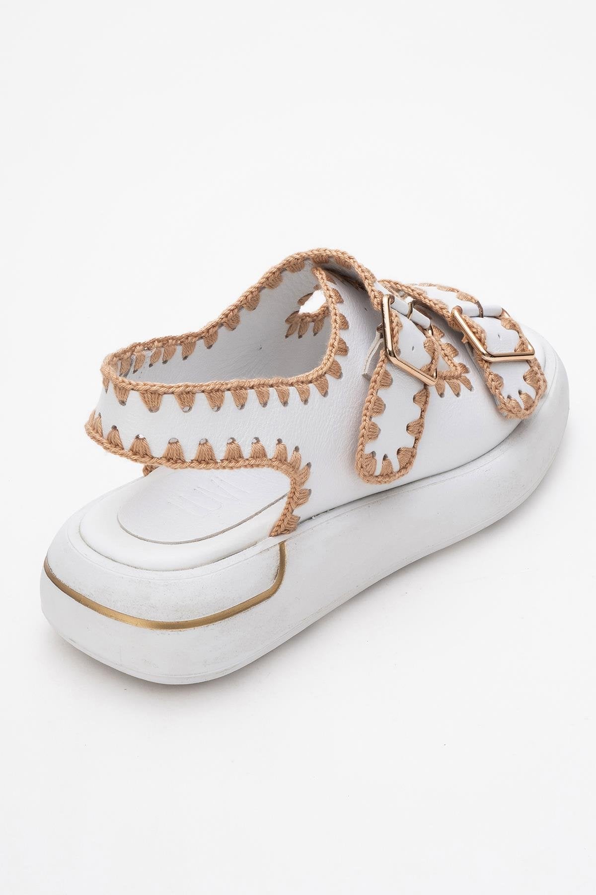 Douro - White Braided Rope Strap Leather Sandal – back view showing leather, white, Vowalisse
