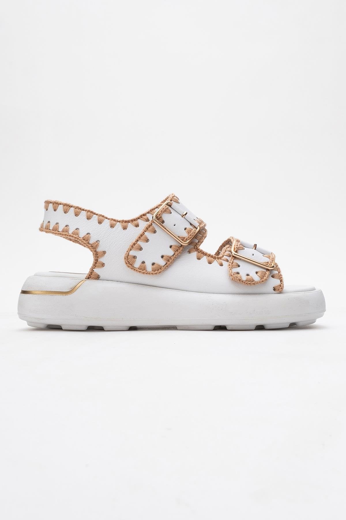 Douro - White Braided Rope Strap Leather Sandal – top view showing leather, white, Vowalisse