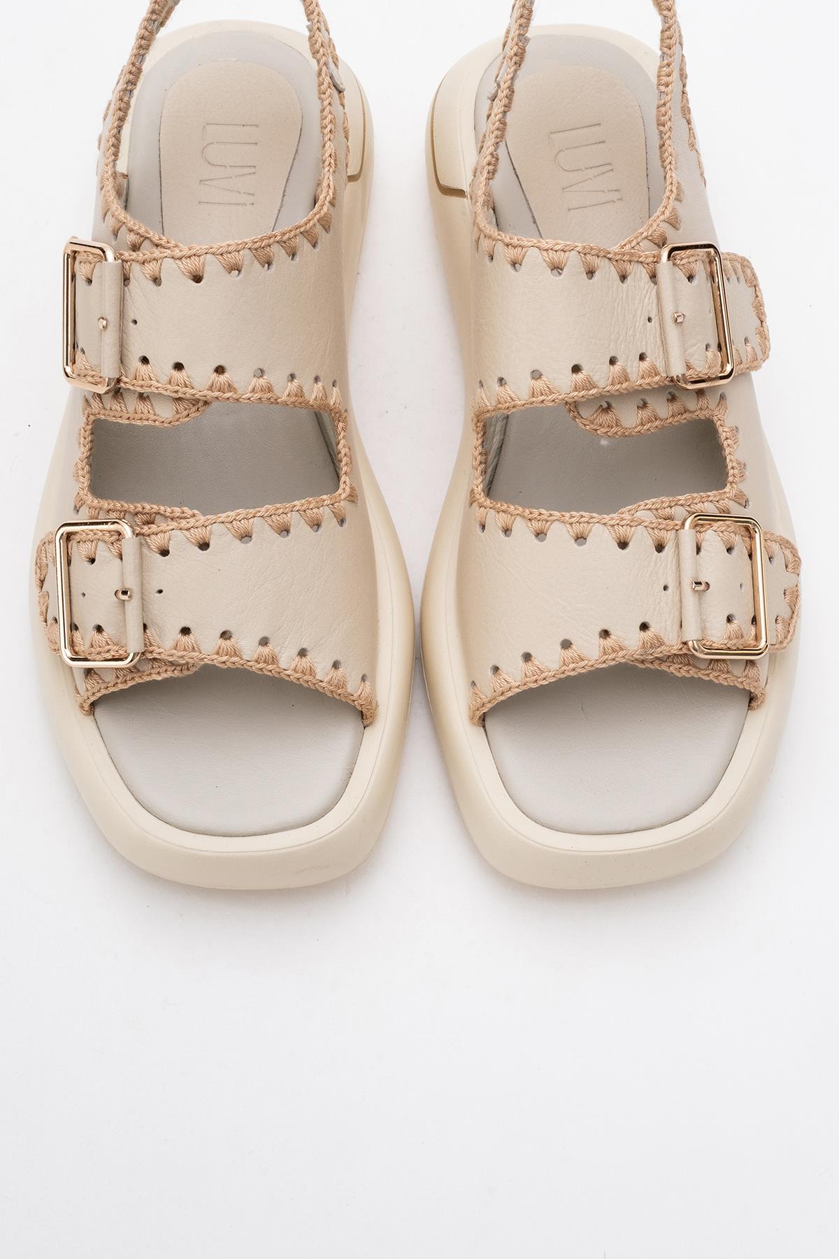 Douro - Beige Braided Rope Strap Leather Sandal – side view showing leather, Vowalisse