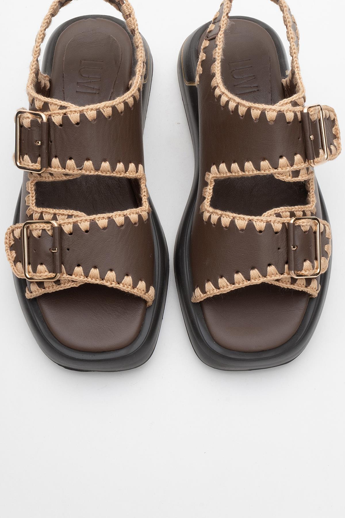 Douro - Brown Braided Rope Strap Leather Sandal – side view showing leather, Vowalisse