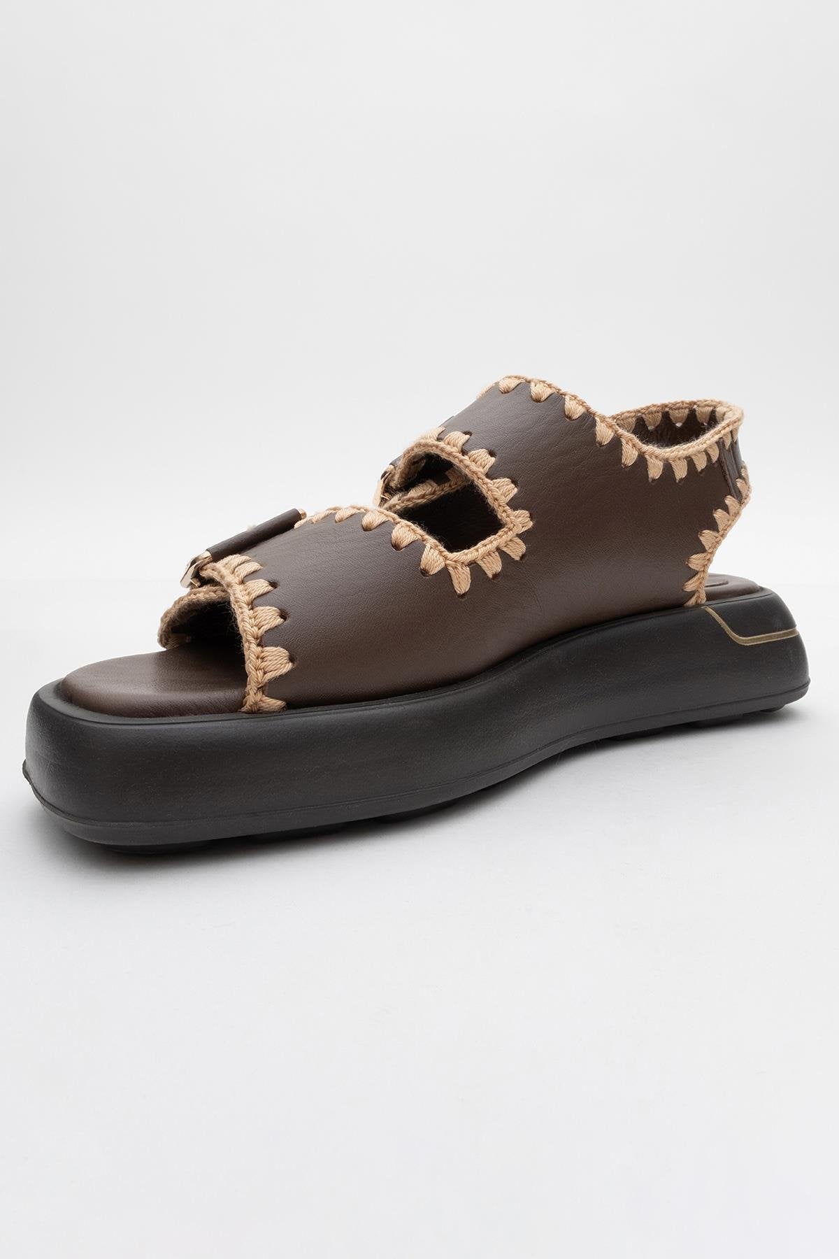 Douro - Brown Braided Rope Strap Leather Sandal – heel view showing leather, Vowalisse