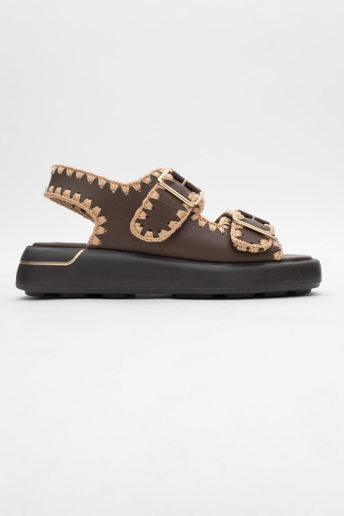 Douro - Brown Braided Rope Strap Leather Sandal – top view showing leather, Vowalisse