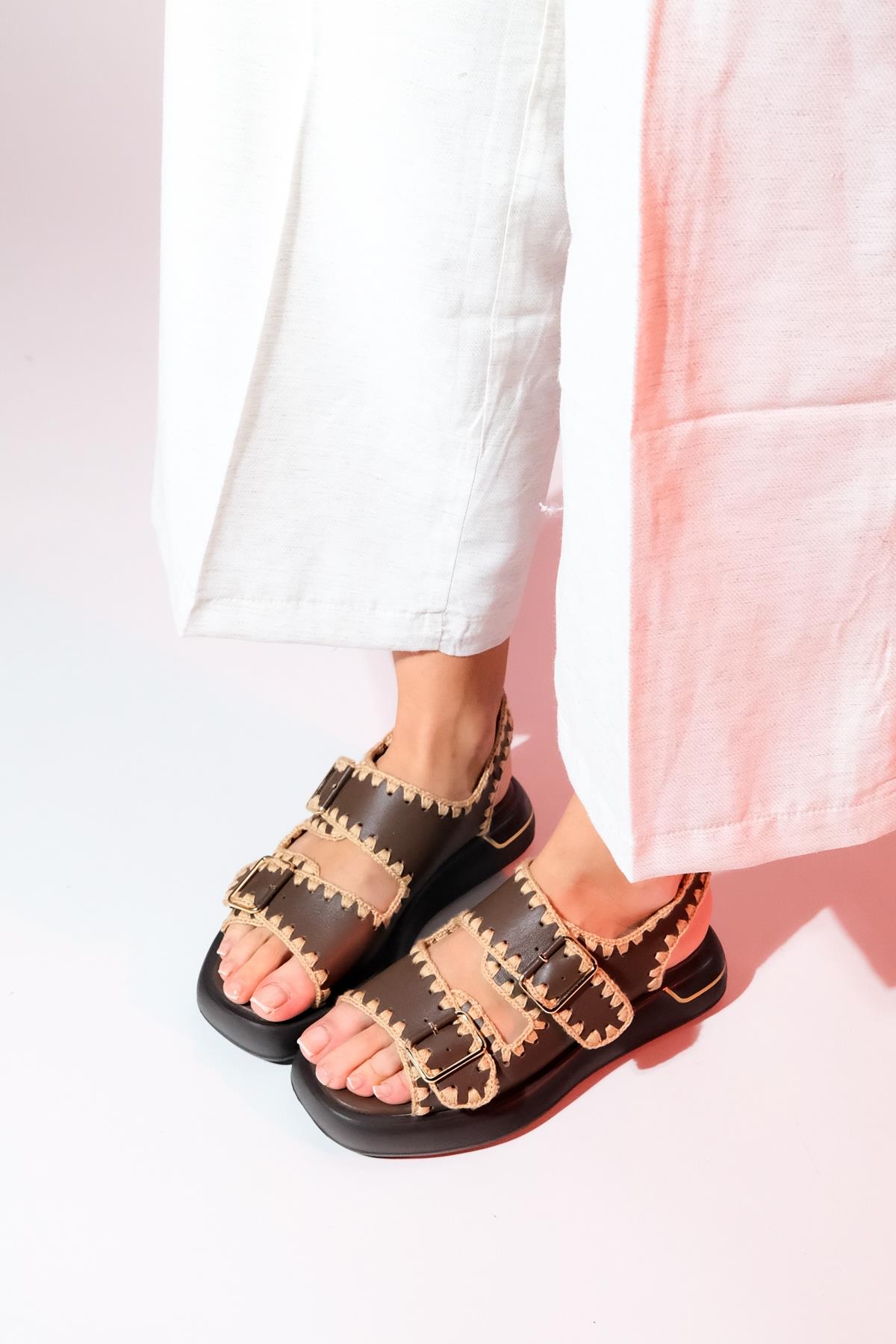 Douro - Brown Braided Rope Strap Leather Sandal – pair view showing leather, Vowalisse