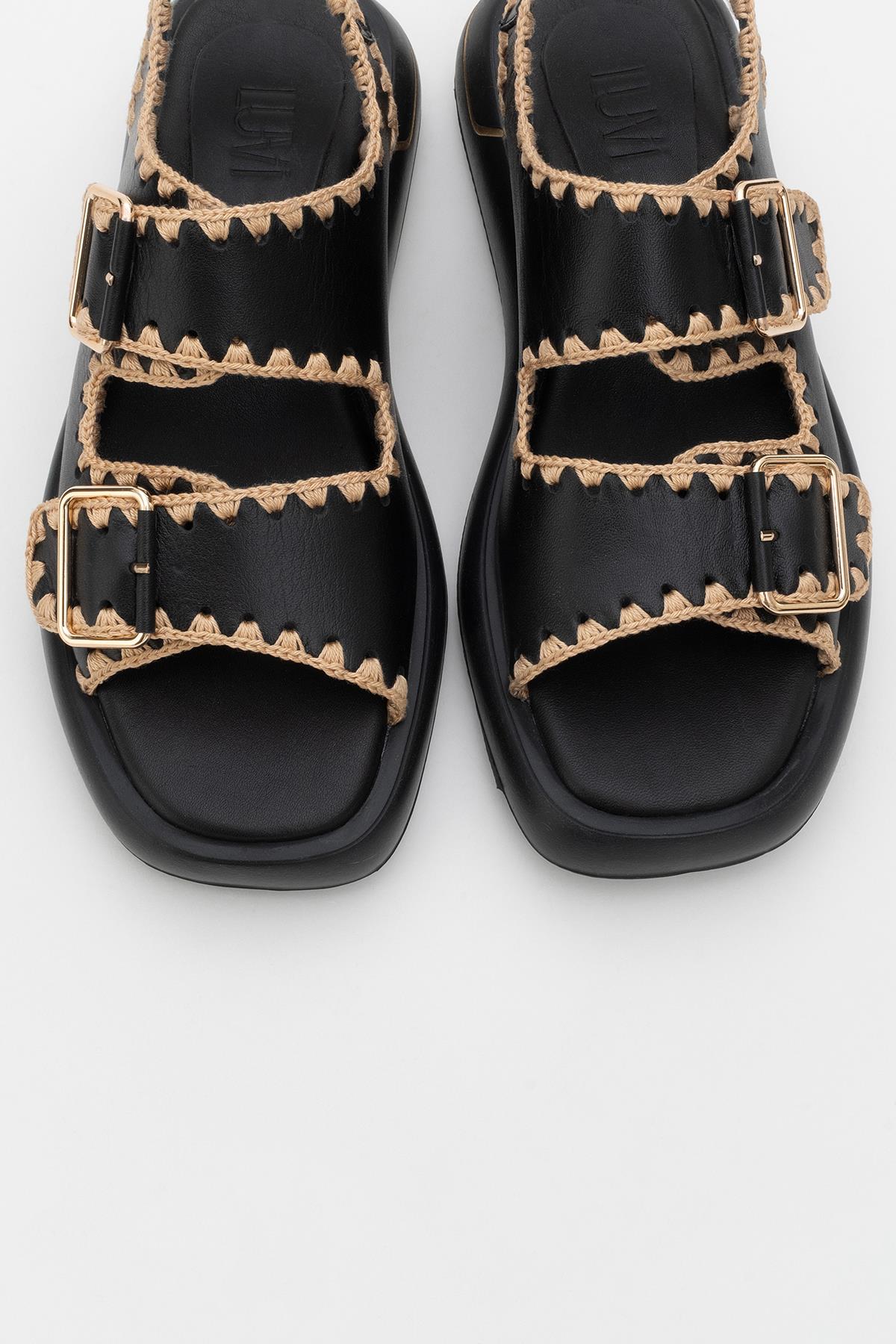 Douro - Black Braided Rope Strap Leather Sandal – side view showing leather, black, Vowalisse