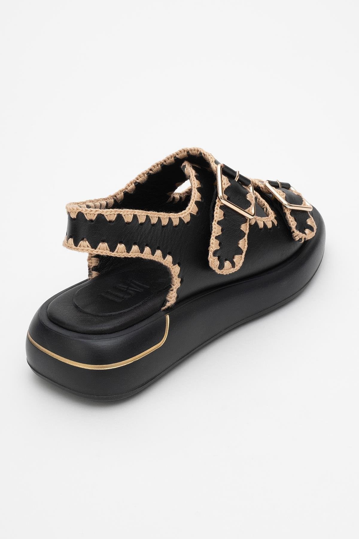 Douro - Black Braided Rope Strap Leather Sandal – back view showing leather, black, Vowalisse