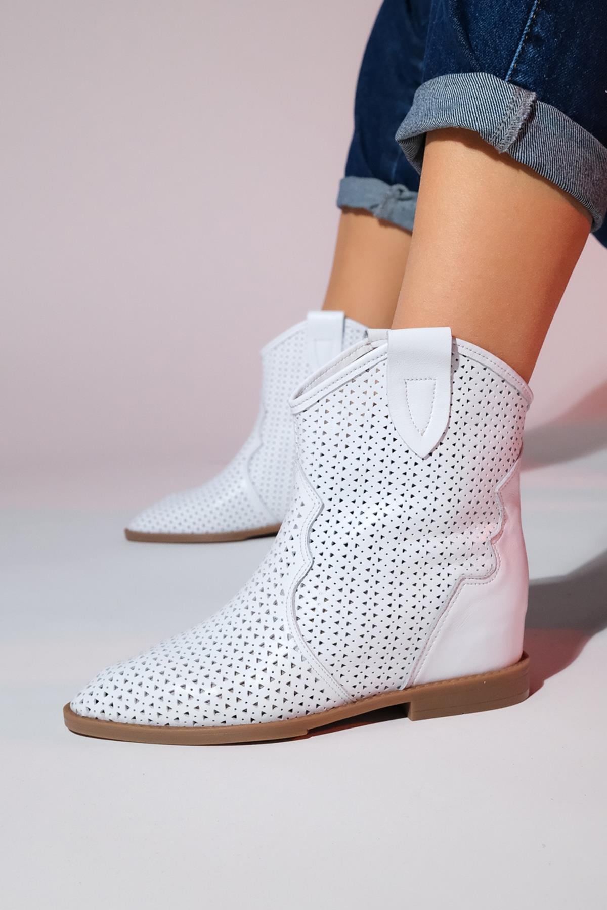 Loivos - White Genuine Leather Perforated Hidden Wedge Summer Ankle Bo – detail view showing leather, white, Vowalisse