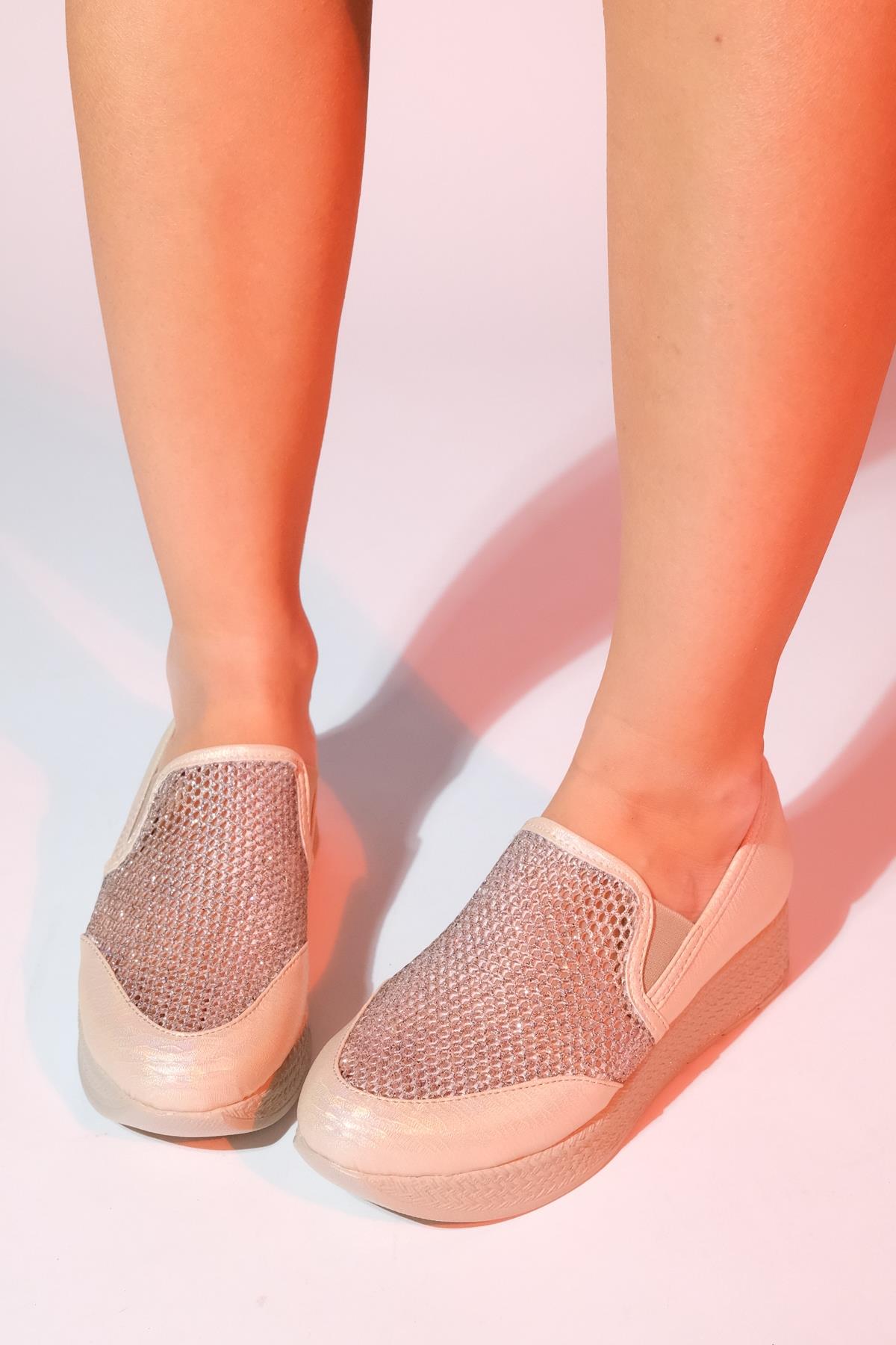 Purcan - Beige Glitter Mesh Chunky Sole Casual Shoe – heel view showing leather, glitter, mesh, Vowalisse