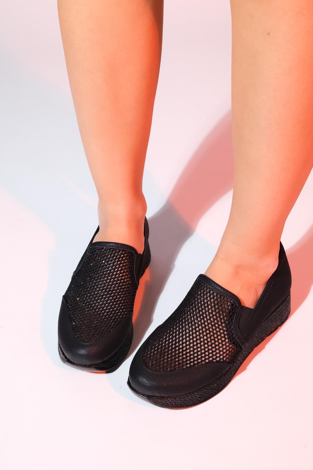 Purcan - Black Glitter Mesh Chunky Sole Casual Shoe – detail view showing leather, glitter, mesh, Vowalisse