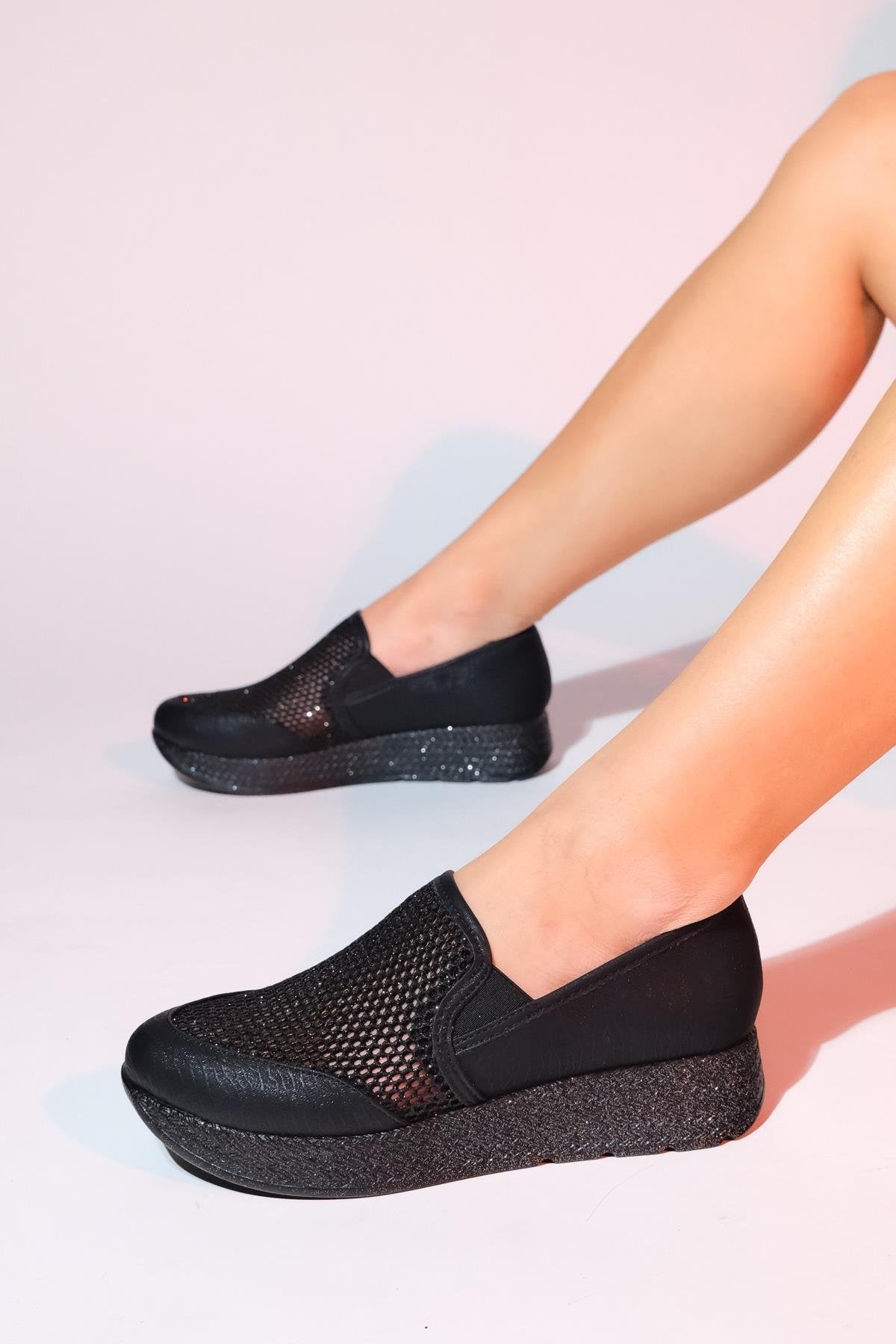 Purcan - Black Glitter Mesh Chunky Sole Casual Shoe – back view showing leather, glitter, mesh, Vowalisse