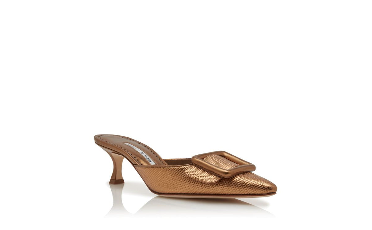 Marcella Halo Gold Pointed Toe Mules – top view showing gold pointed toe, Vowalisse