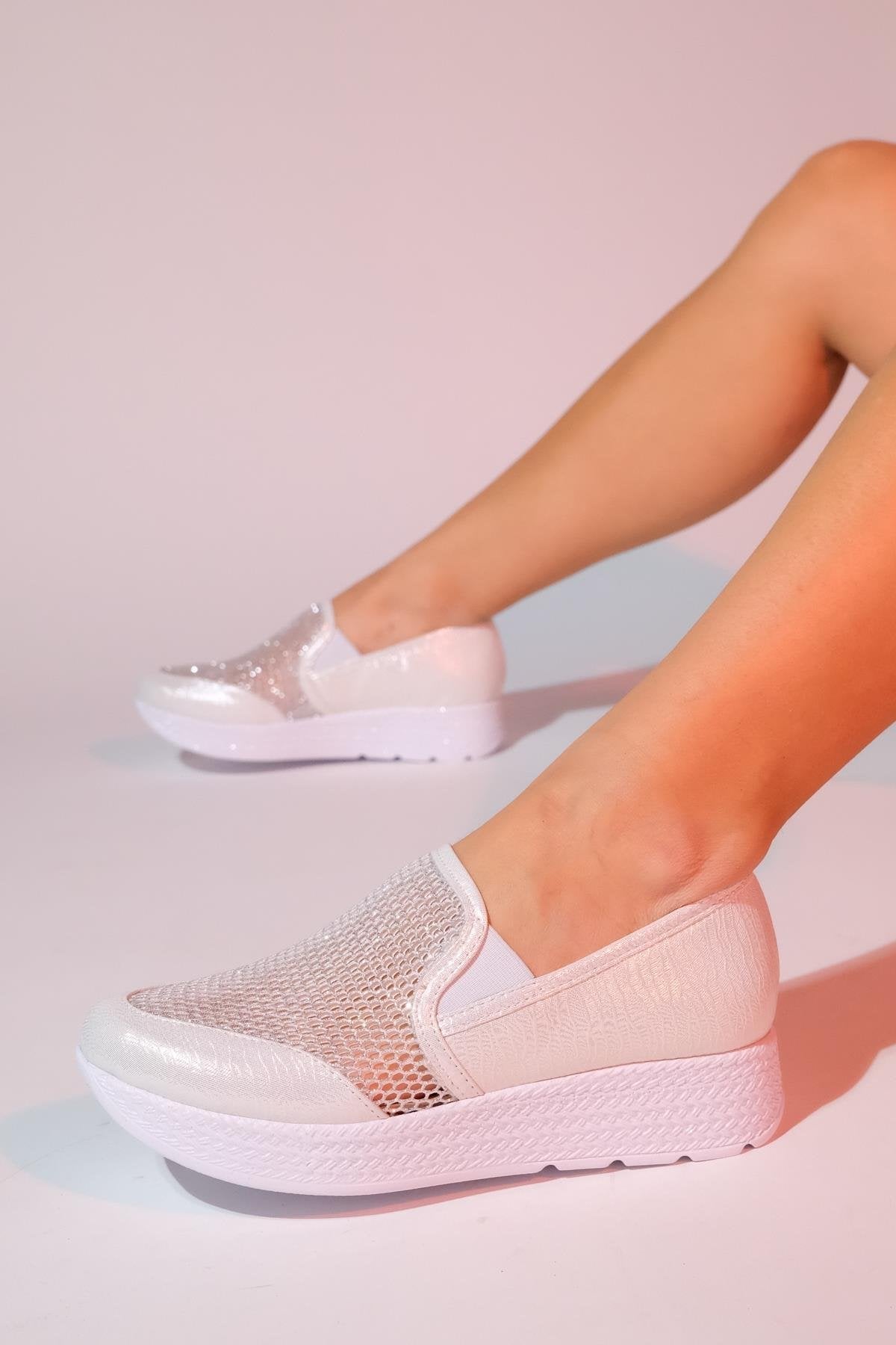 Purcan - Pearl Glitter Mesh Chunky Sole Casual Shoe – front three-quarter view showing pearl, leather, glitter, Vowalisse
