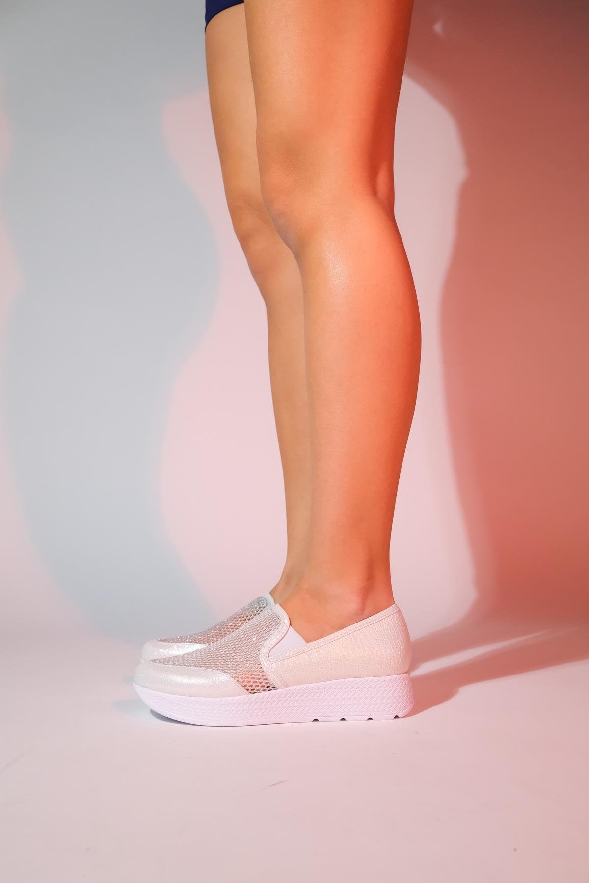 Purcan - Pearl Glitter Mesh Chunky Sole Casual Shoe – back view showing pearl, leather, glitter, Vowalisse