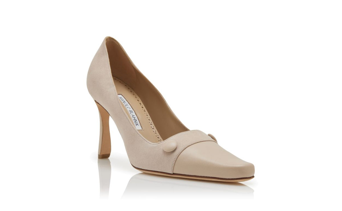Vivienne Muse Neutral Button Detail Pumps – top view showing neutral button detail, almond toe, suede, nappa leather…