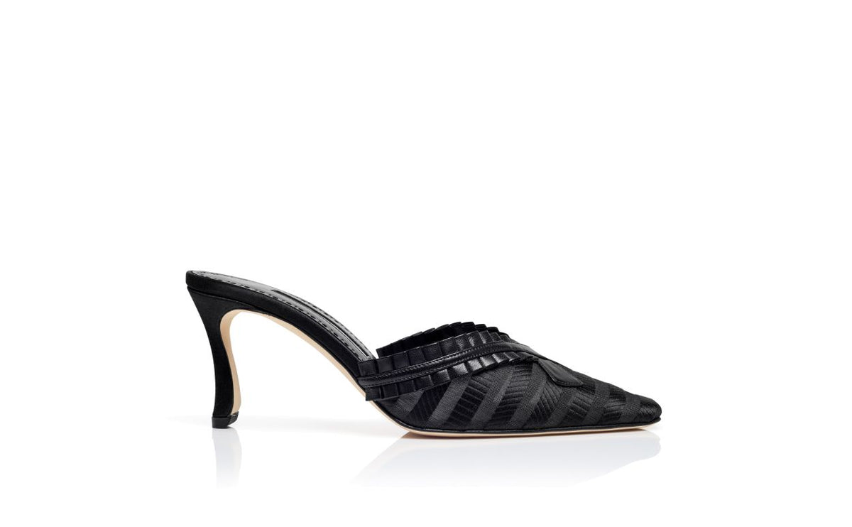 Anastasia Shine Black Pleat Detail Mules – side profile showing black pleat detail, almond toe, nappa leather, Vowalisse