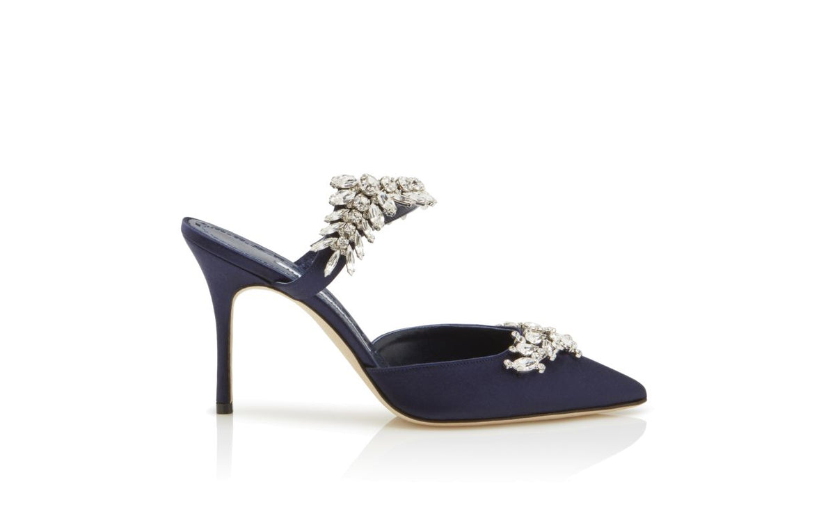 Anastasia Crown Blue Crystal Embellished Mules – side profile showing blue crystal embellished, pointed toe, satin…