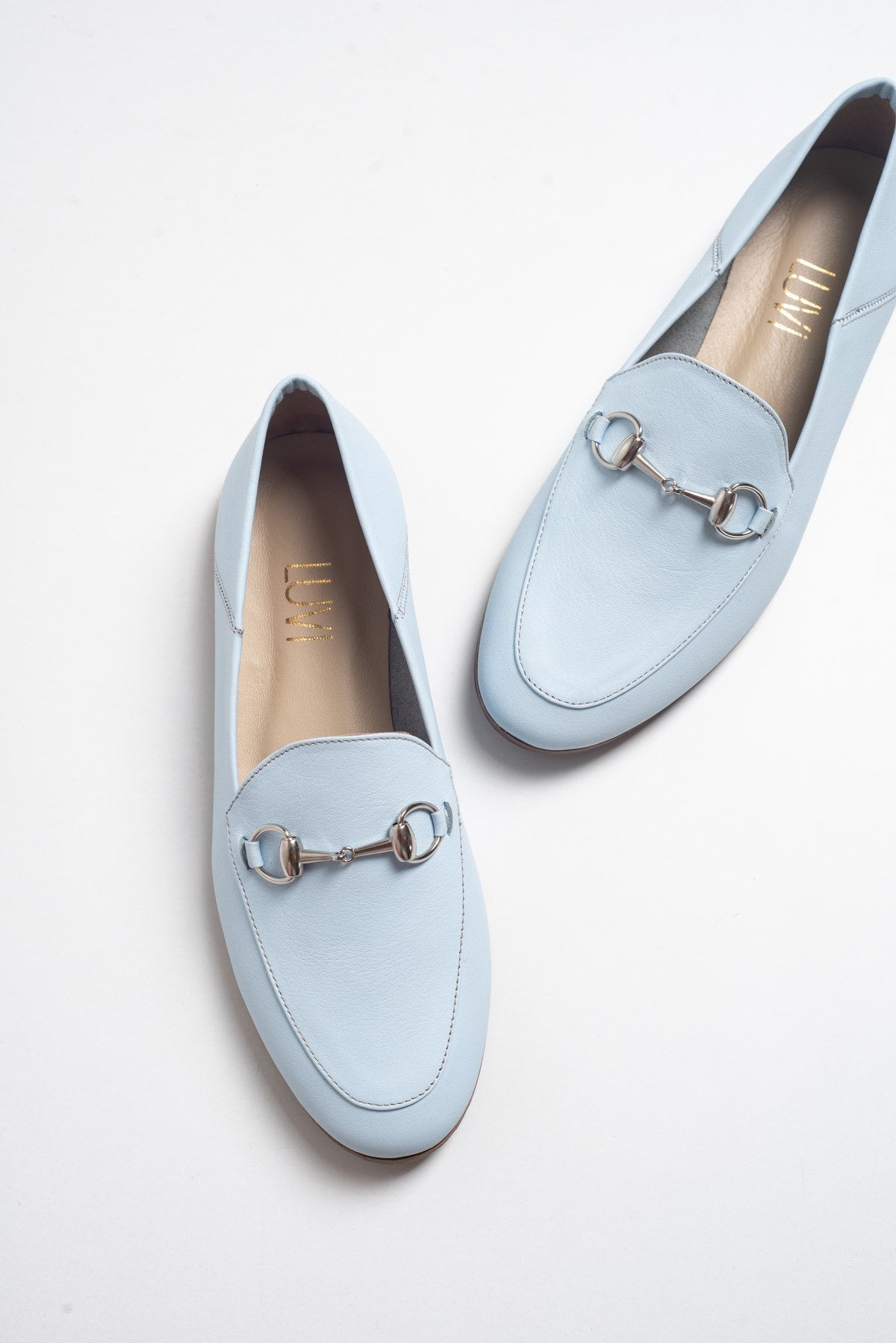 Penny - Baby Blue Leather Horsebit Loafers – front three-quarter view showing leather, suede, blue, Vowalisse