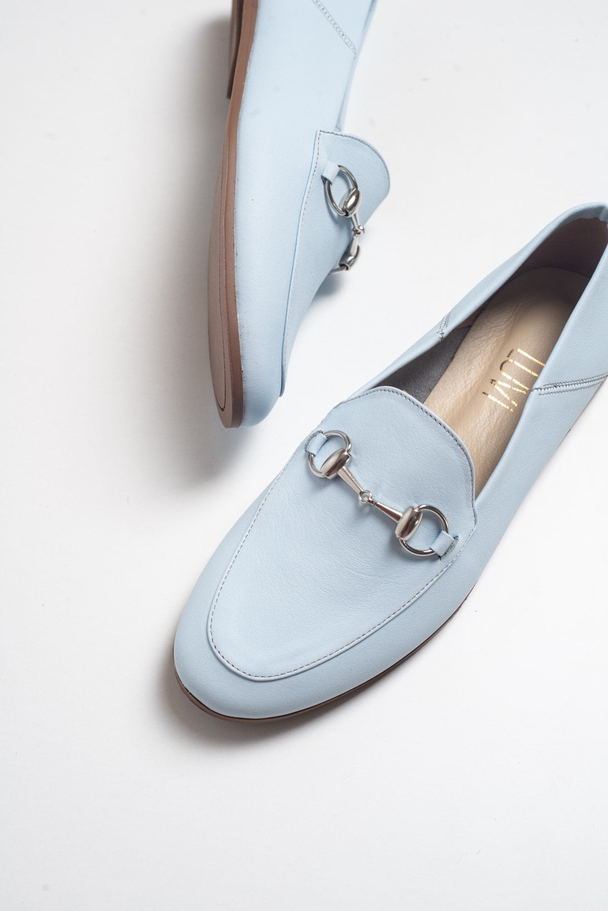 Penny - Baby Blue Leather Horsebit Loafers – side view showing leather, suede, blue, Vowalisse