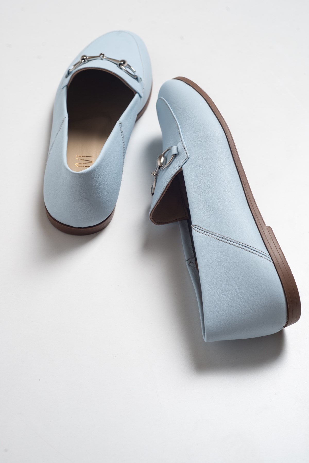 Penny - Baby Blue Leather Horsebit Loafers – detail view showing leather, suede, blue, Vowalisse