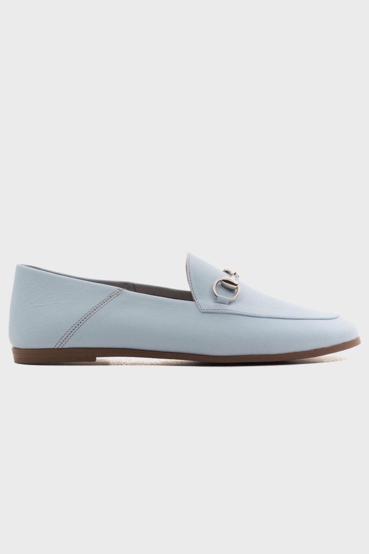 Penny - Baby Blue Leather Horsebit Loafers – back view showing leather, suede, blue, Vowalisse
