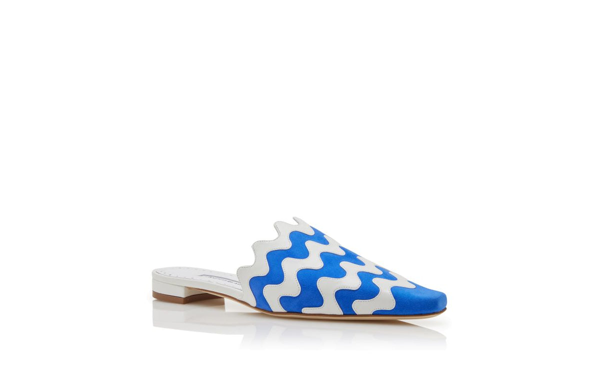 Seraphina Shine Blue Almond Toe Mules – top view showing blue almond toe, suede, nappa leather, Vowalisse