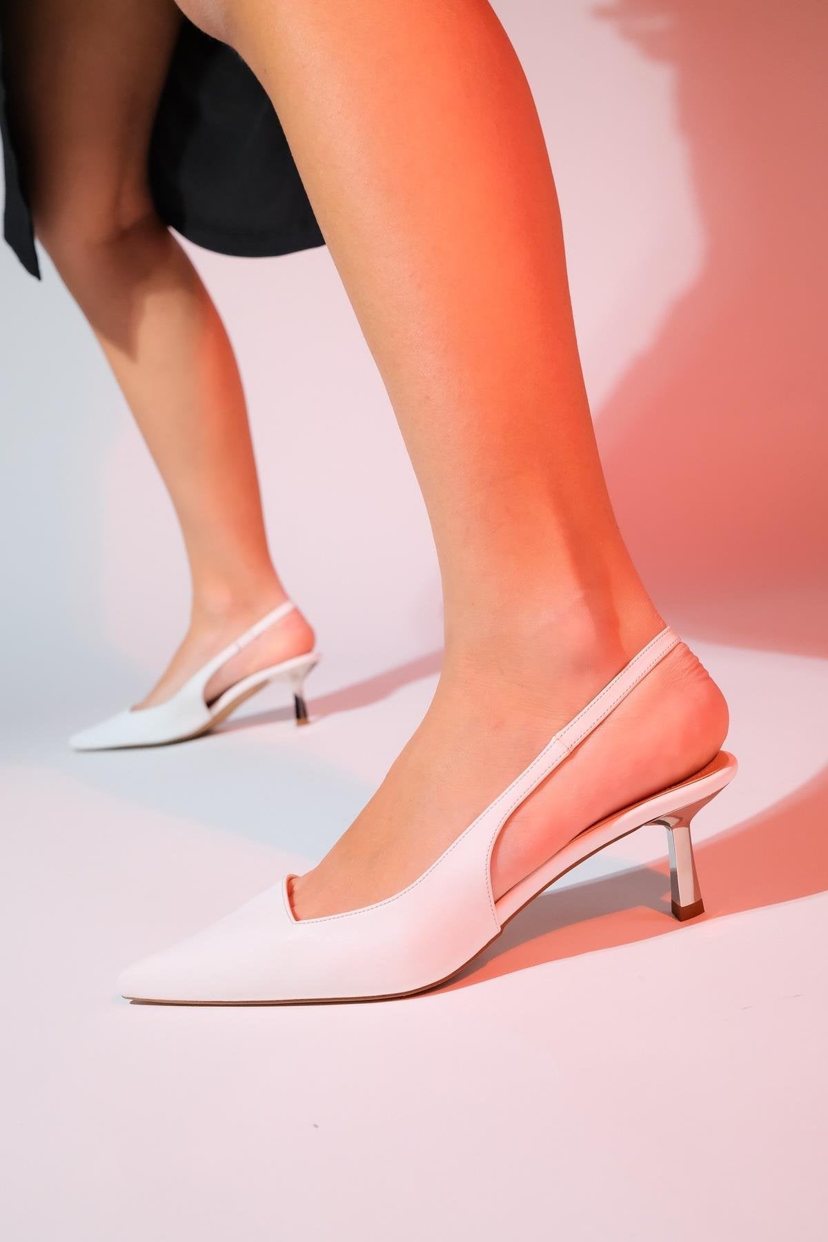 Marten - White Pointed Toe Backless Stiletto Heel Shoe – front three-quarter view showing leather, white, Vowalisse