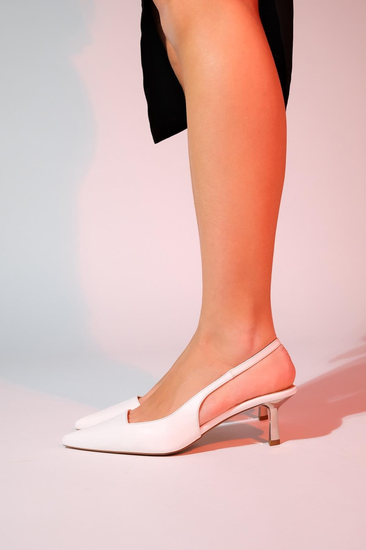Marten - White Pointed Toe Backless Stiletto Heel Shoe – heel view showing leather, white, Vowalisse
