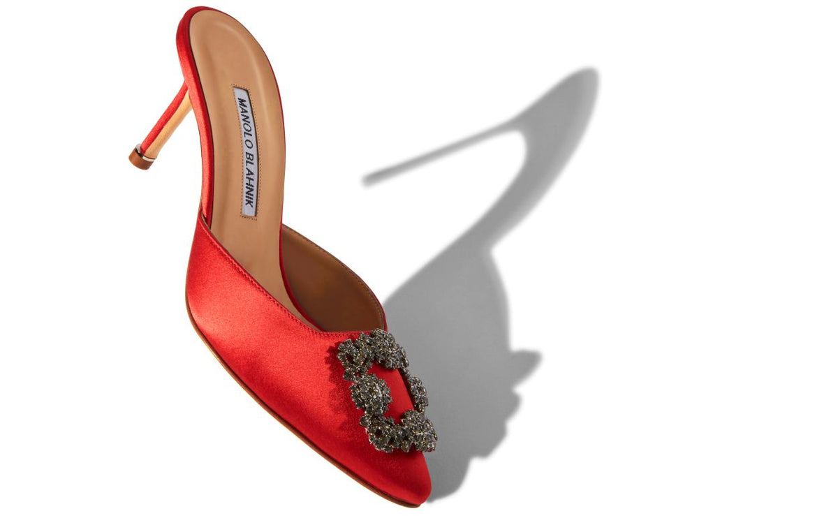 Rosalie Dream Red Jewel Buckle Mules – front three-quarter view showing red jewel buckle, crystal buckle, almond toe, satin…