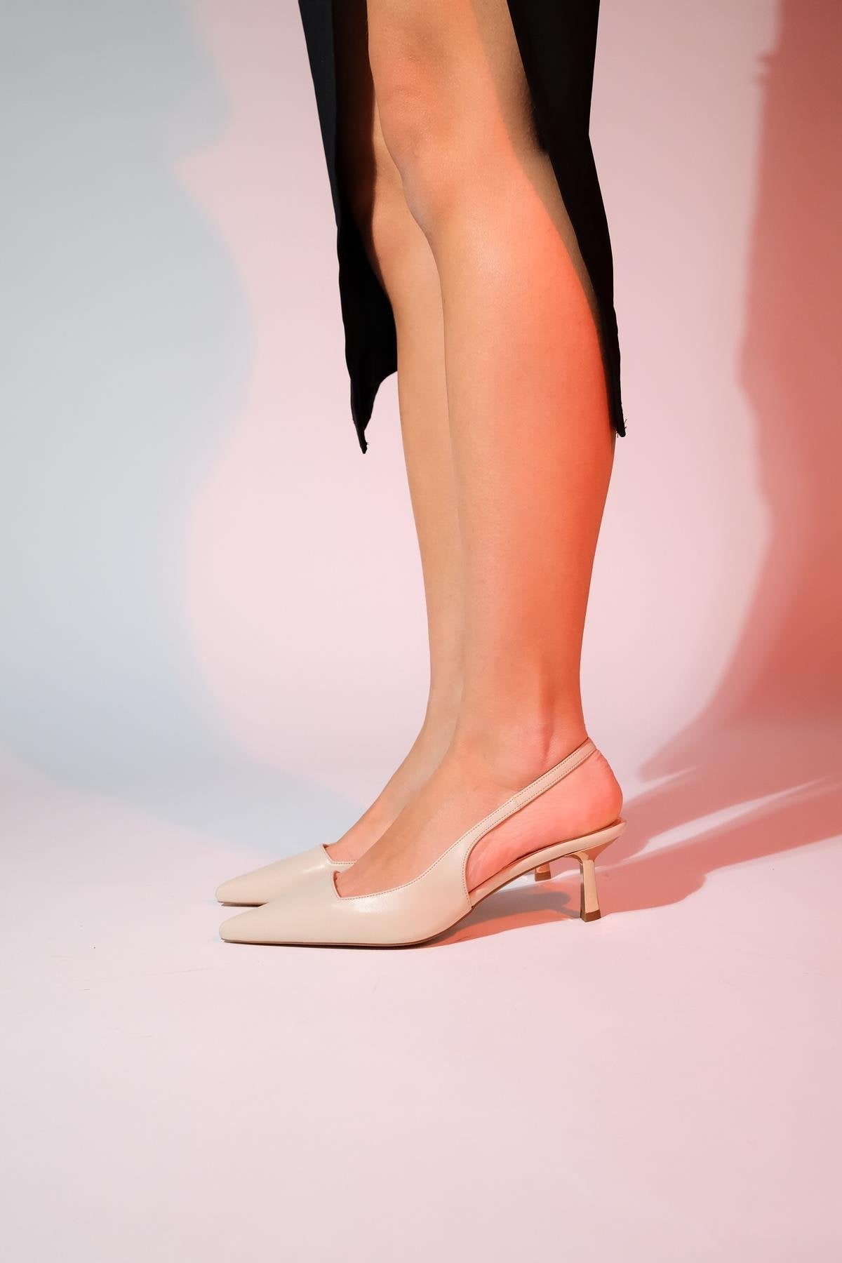 Marten - Ecru Pointed Toe Backless Stiletto Pump – heel view showing leather, Vowalisse