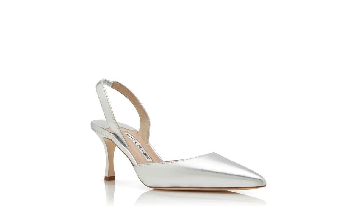 Evangeline Crown Silver Slingback Slingbacks – top view showing silver slingback, almond toe, nappa leather, Vowalisse