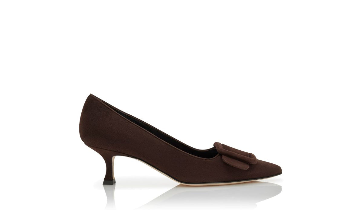 Leonora Dawn Brown Pointed Toe Pumps – side profile showing brown pointed toe, suede, Vowalisse