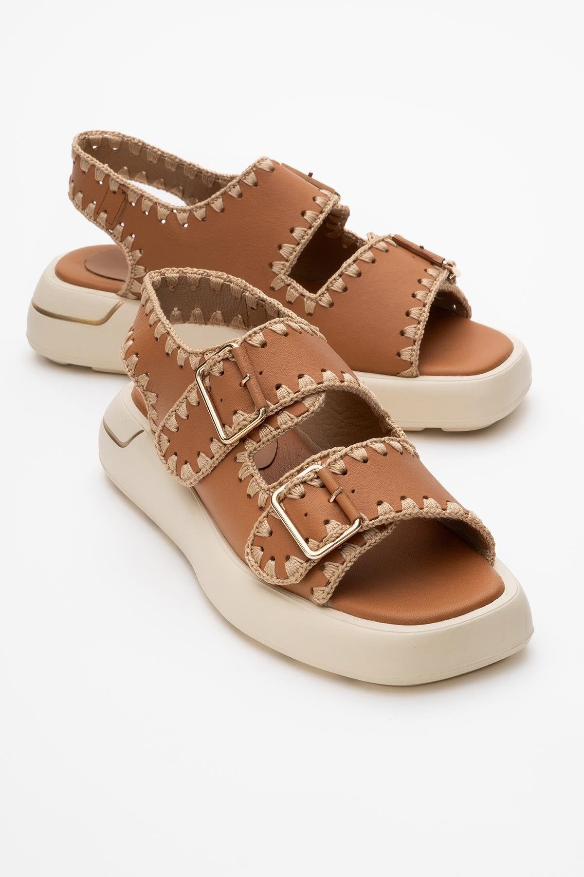 Douro - Cognac Brown Braided Rope Strap Leather Sandal – front three-quarter view showing leather, Vowalisse