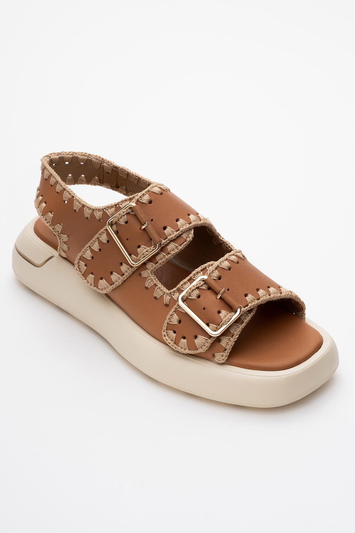 Douro - Cognac Brown Braided Rope Strap Leather Sandal – detail view showing leather, Vowalisse
