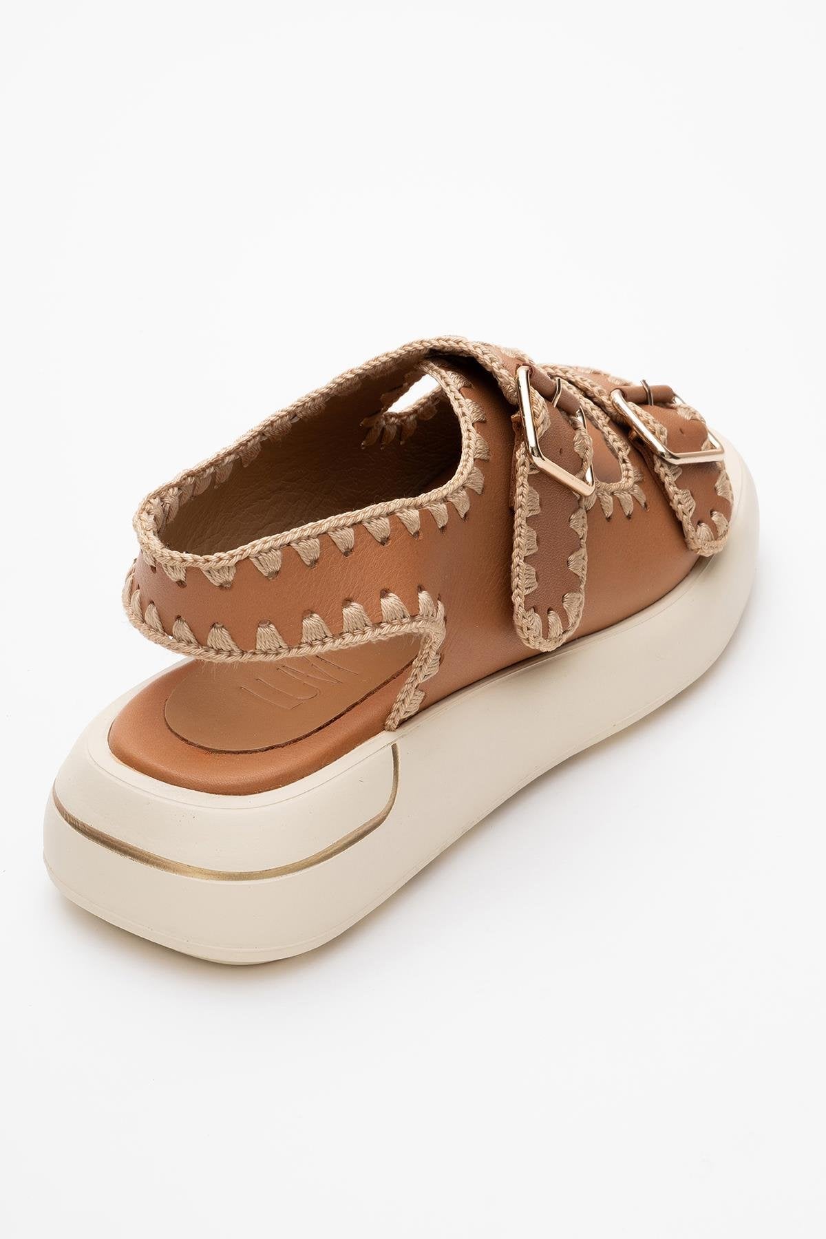 Douro - Cognac Brown Braided Rope Strap Leather Sandal – back view showing leather, Vowalisse