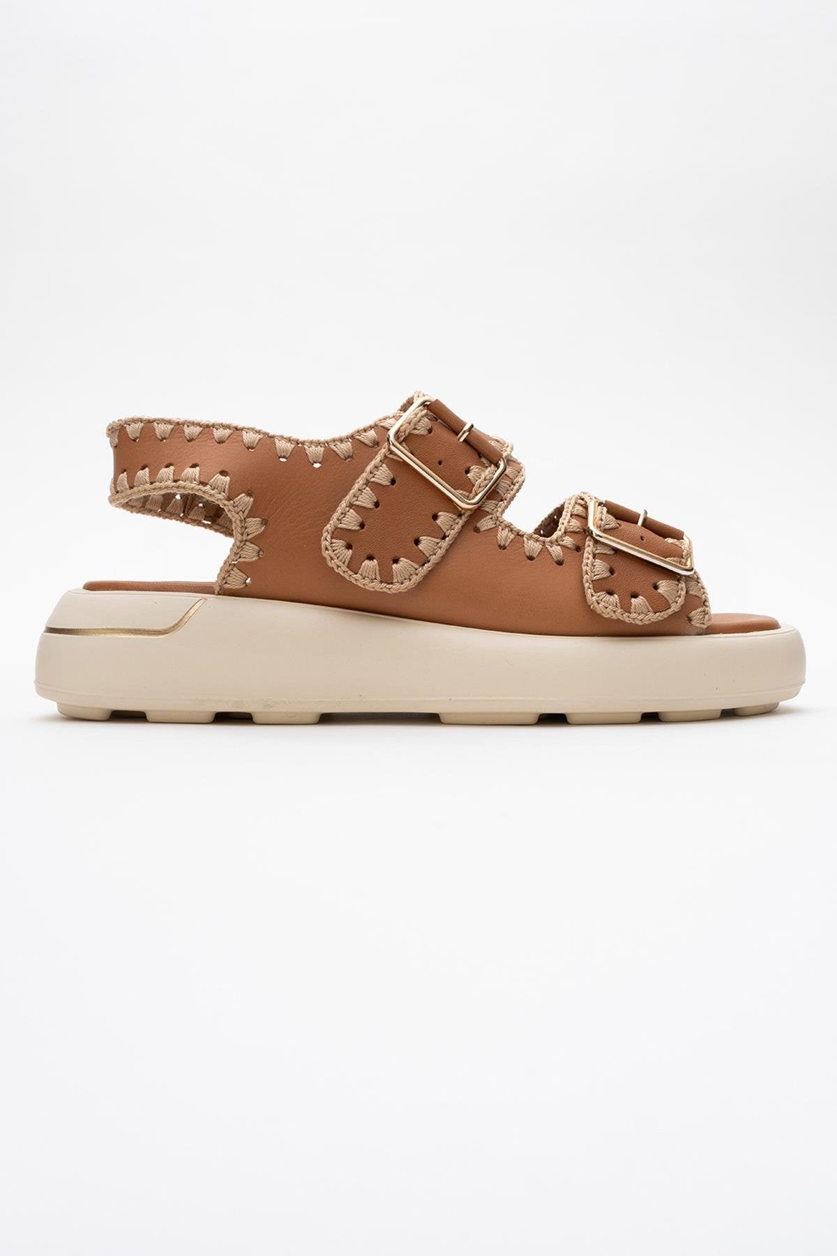 Douro - Cognac Brown Braided Rope Strap Leather Sandal – top view showing leather, Vowalisse