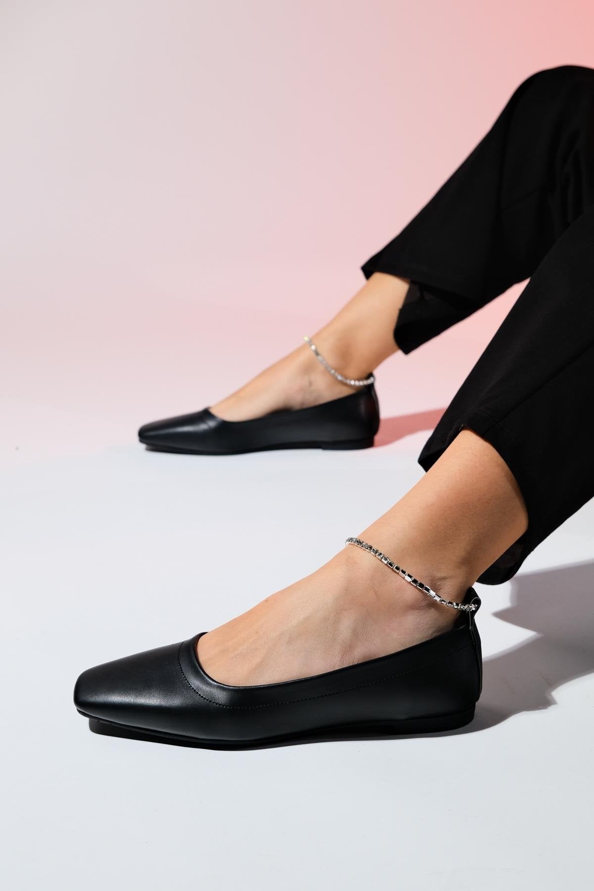 Pohan - Black Genuine Leather Stone-Embellished Ballet Flat – side view showing leather, black, Vowalisse