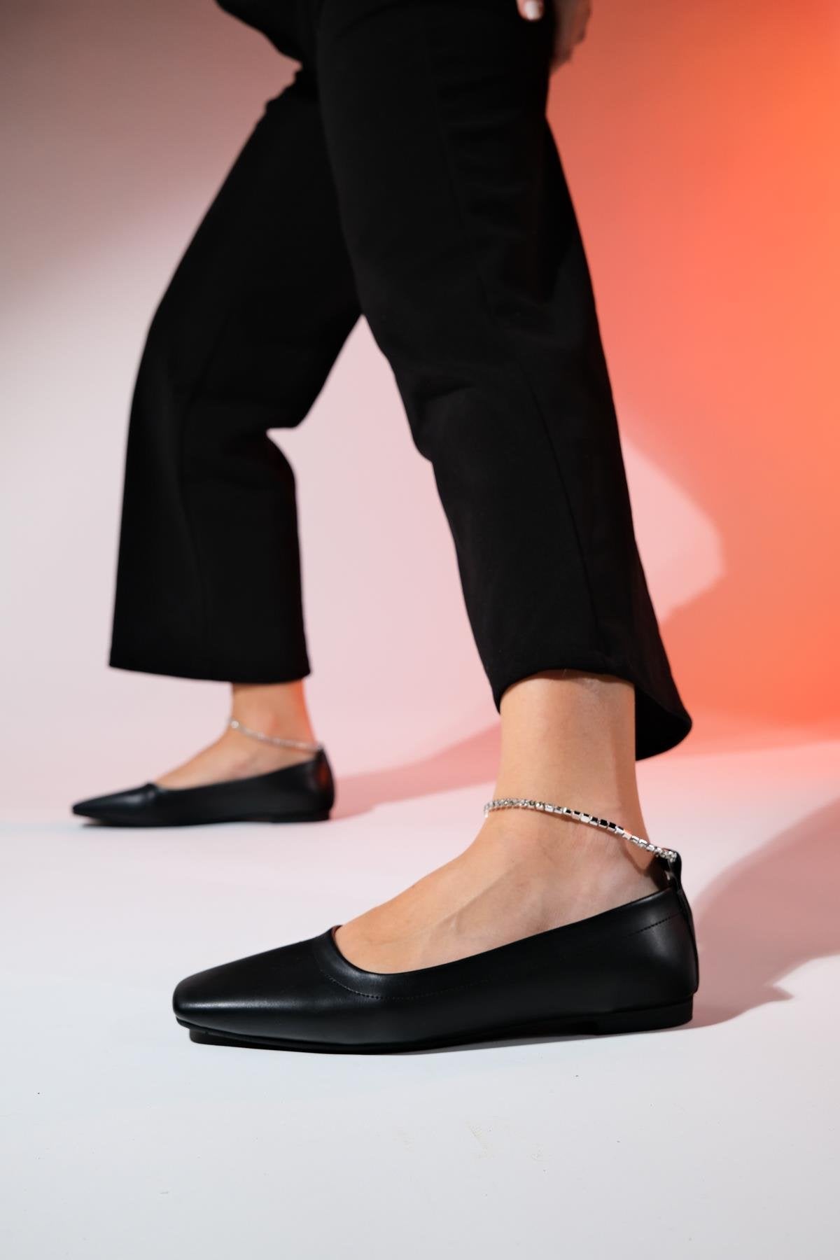 Pohan - Black Genuine Leather Stone-Embellished Ballet Flat – detail view showing leather, black, Vowalisse