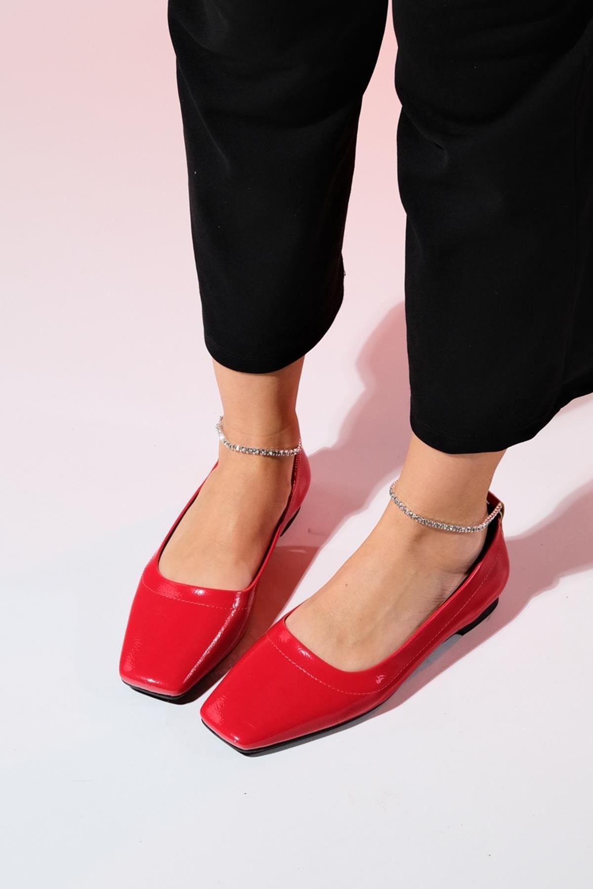 Pohan - Red Genuine Leather Patent Stone-Embellished Ballet Flat – front three-quarter view showing leather, red, Vowalisse