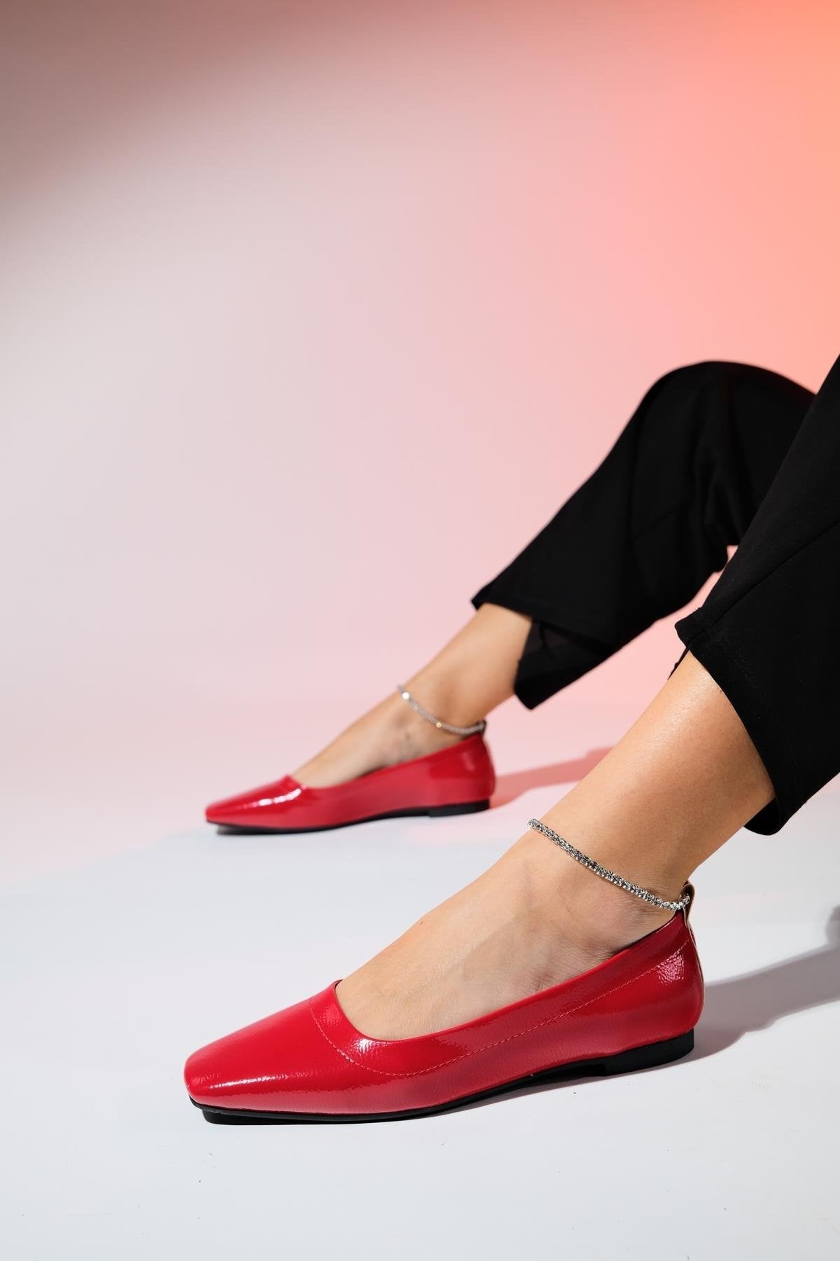 Pohan - Red Genuine Leather Patent Stone-Embellished Ballet Flat – side view showing leather, red, Vowalisse