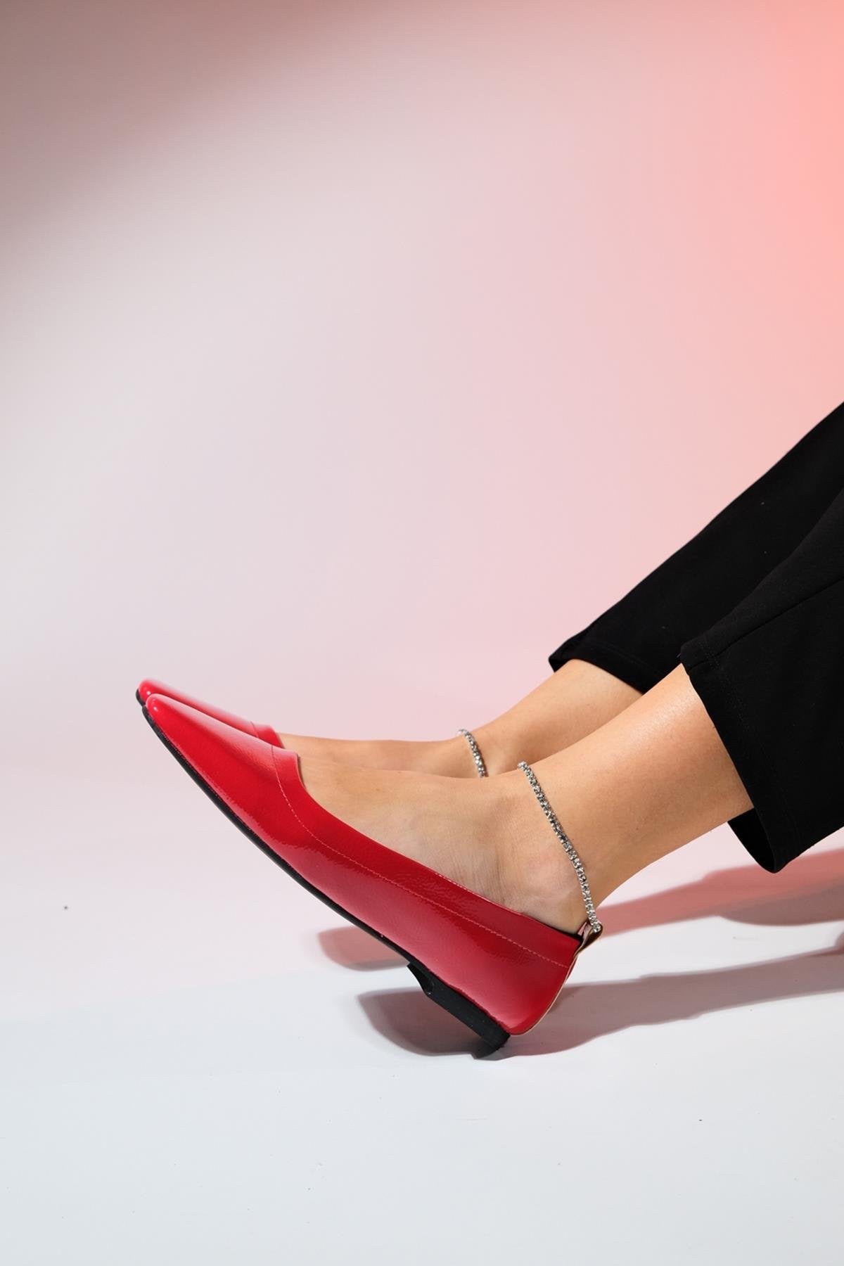 Pohan - Red Genuine Leather Patent Stone-Embellished Ballet Flat – detail view showing leather, red, Vowalisse