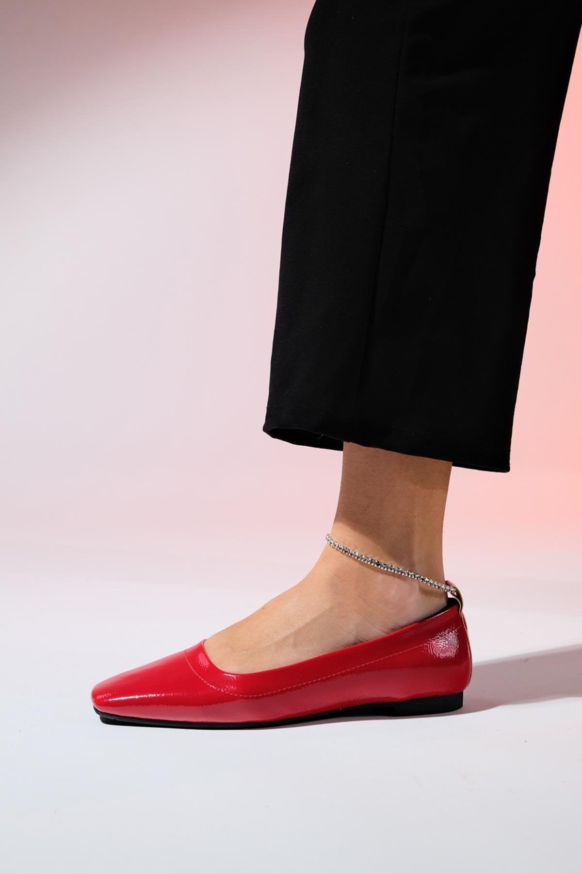 Pohan - Red Genuine Leather Patent Stone-Embellished Ballet Flat – top view showing leather, red, Vowalisse