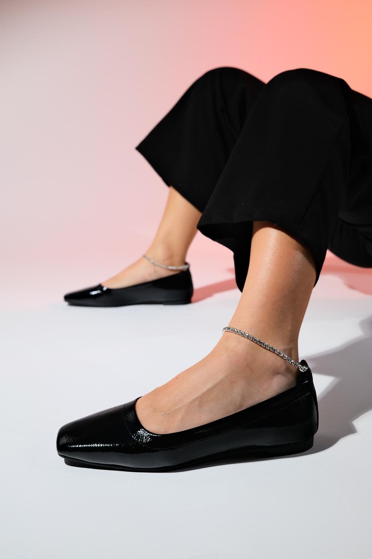Pohan - Black Genuine Leather Patent Stone-Embellished Ballet Flat – side view showing leather, black, Vowalisse