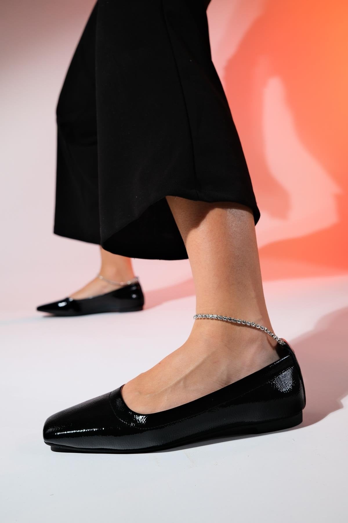 Pohan - Black Genuine Leather Patent Stone-Embellished Ballet Flat – back view showing leather, black, Vowalisse