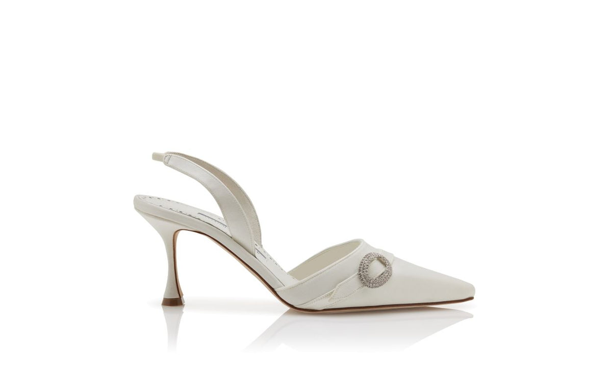 Marcella Pearl White Crystal Buckle Slingbacks – side profile showing white crystal buckle, crystal embellished, slingback…